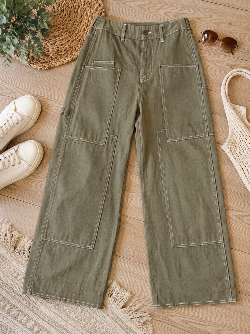 Hunter & Brown NWT Olive Utility Carpenter Pants Wide Leg 100% Cotton Size M